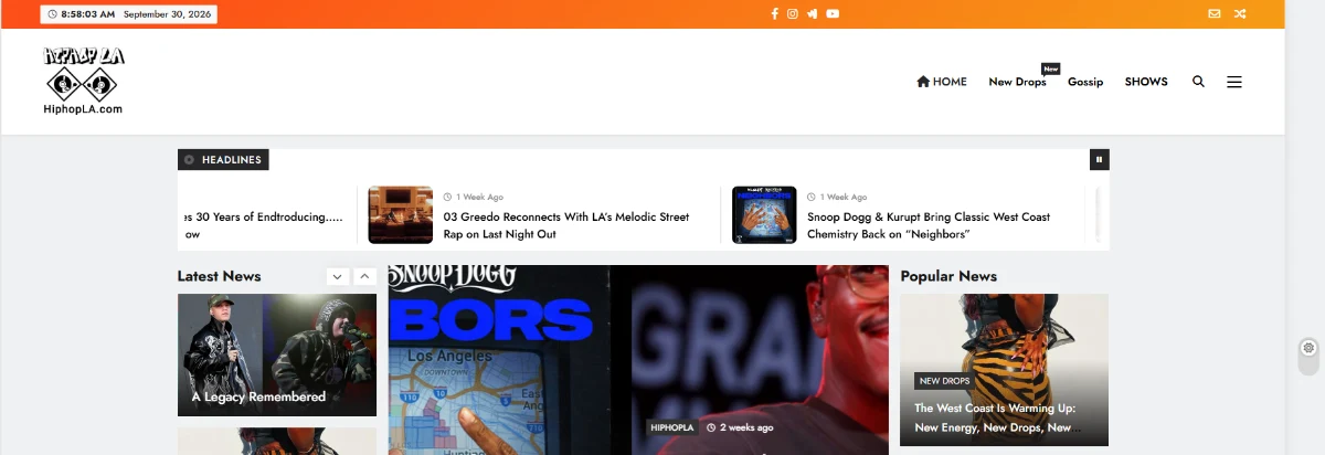 HipHopLA homepage in its light theme, with the record-logo header, orange social bar and music news grid.